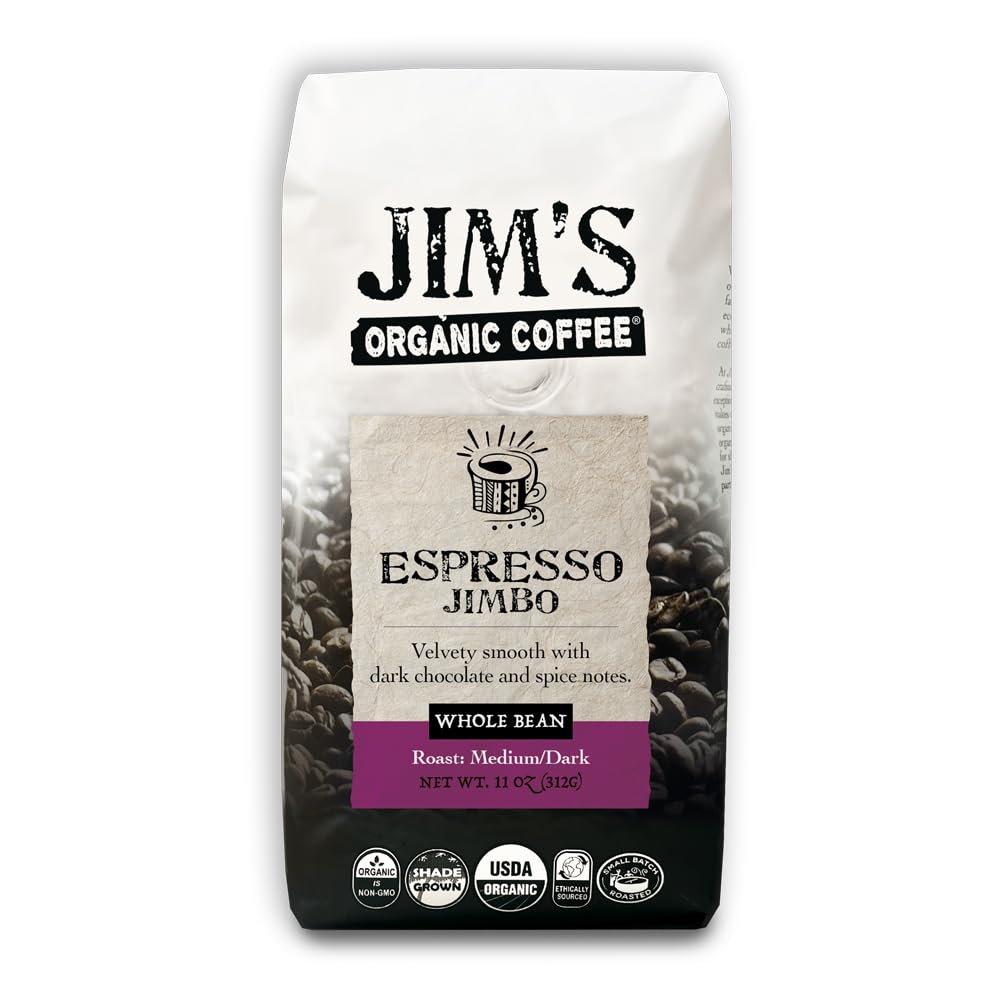 Jim’s Organic Coffee – Espresso Jimbo: Whole Bean Medium/Dark Roast 11oz Bag– Certified Organic, Regeneratively Grown, Ethically Sourced, Shade Grown Coffee