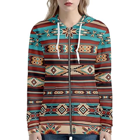SCRAWLGOD Women's Zip Up Hoodie Native American Navajo Aztec Print Casual Long Sleeve Hooded Sweatshirts Overized Tops with Pockets Cover