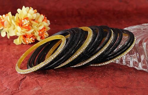 Image of NMII Fancy Glass Golden Zircon Diamond Stone & Velvet Finish Plain Bangles Set For Women & Girls | Glass Velvet Bangles | Kanch ki Chudiyan | Girl's Bangles Bracelet | Fashion Jewellery- Set of 32
