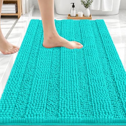Image of OLANLY Thick Bathroom Rugs 30x20, Extra Soft Absorbent Chenille Striped Bath Rugs, Rubber Backing, Machine Wash Dry, Bath Mats for Bathroom Floor, Tub and Shower, Home Decor Accessories, Teal