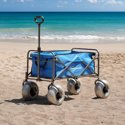 CRESTWALKER Beach Wagon with Big Wheels for Sand, Collapsible Folding Cart with...