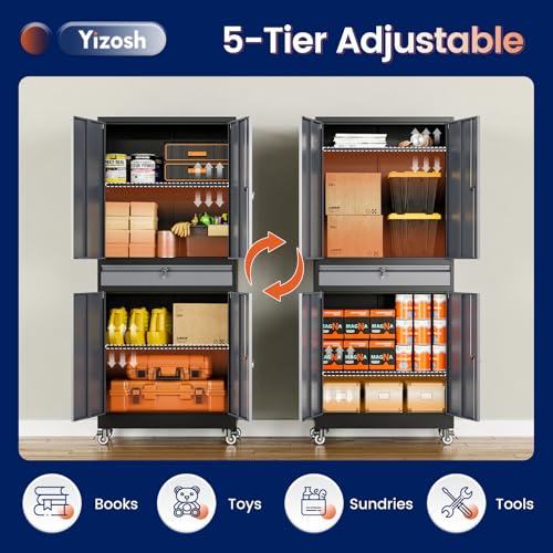 Image of Yizosh Metal Garage Storage Cabinet with Locking Doors and Adjustable Shelves, -73 inch Steel Rolling Tool Storage Cabinet with 4 Wheels and 1 Drawer for Garage,Office,Warehouse
