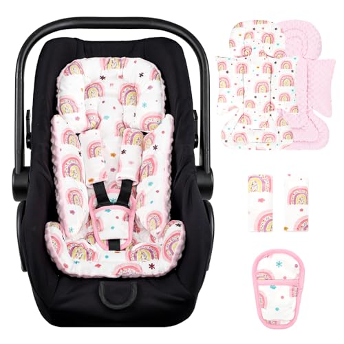 Pea Pod Infant Car Seat Insert with 3 Strap Covers, Reversible Baby Car Seat Head and Body Support, Minky Dot Newborn Carseat Insert for Preemie (Cute Rainbow)