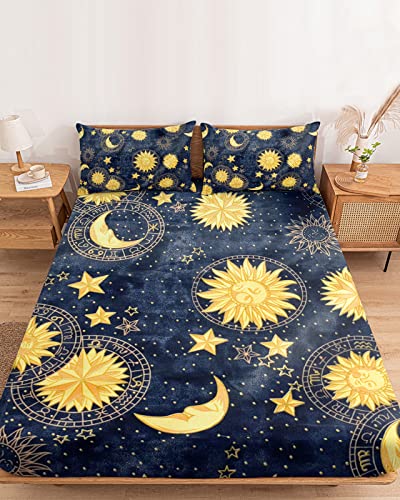 Litter Star 230523CNPLTYUHJNEWDSLEX00070SJQDGLA Queen Fitted Sheets,Boho Golden Sun Moon Soft Microfiber Brushed Sheet & Pillowcase Sets,Bohemian Hippie Art Comfort Fitted Bed Sheets,Starry Sky Non Slip Bed Sheets Cover Up Fits Mattress cover