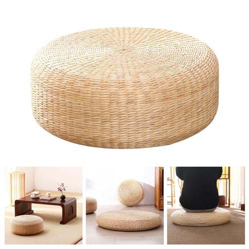 Generisch Rattan Bodenkissen Handgewebt Rund 45cm Japansstil Tatami Sitzkissen Aus Rohrkolbengras Yoga Meditationskissen FüR Balkon Schlafzimmer Wohnzimmer BodenmöBel Kompakt StrapazierfäHig (Gelb)