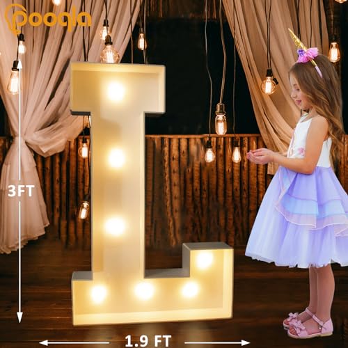 Image of Pooqla 3FT Light Up Marquee Letters, Cool White and Warm White LED Large Lighted Marquee Letters, Giant Mosaic Letter Sign for Balloons Birthday Anniversary Wedding Party Decoration, LED Letter L