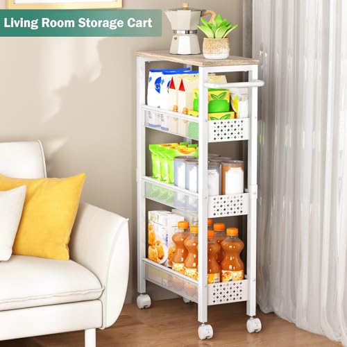 Image of Vivihomety Utility Slim Storage Cart, 4 Tier Small Rolling Kitchen Laundry Room Cart with Wood Top, Metal Bathroom Storage Cabinet Mobile Shelf Unit Organizer Trolley with Handle for Narrow Space
