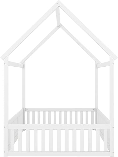 Miniatura 8 de Bellemave Cama Montessori de tamaño matrimonial para niños, camas de piso de madera con barandillas de valla y puerta, cama matrimonial para niños y