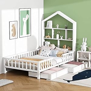 Huisbed, kinderbed, tienerbed, 200 x 90 cm, functioneel bed met boekenplank, plank met valbeveiliging, multifunctioneel hout, kinderbed, jongens en meisjes, wit, laden, massief hout, kinderbed met lattenbodem, wit