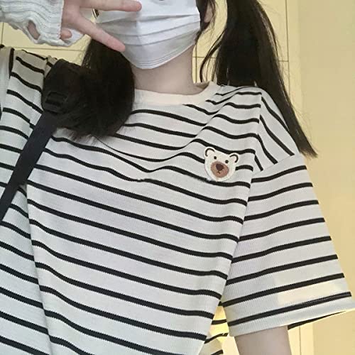 Vintage Striped T-Shirt Girls Cartoon Graphic Cute Tops Crew Neck Basic Short Sleeve Loose Fit Tee Shirts4