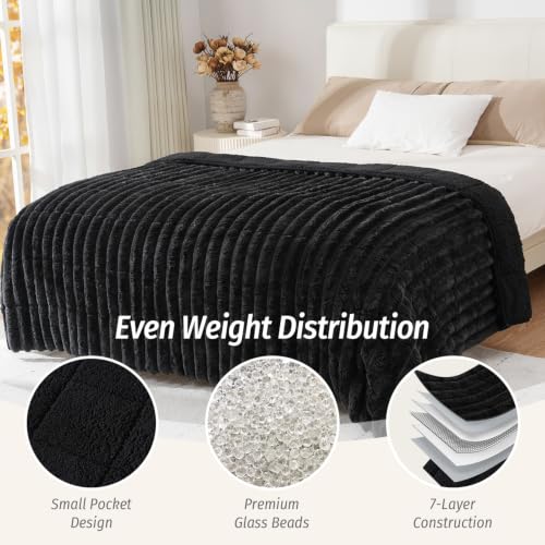 Image of Fleece Weighted Blanket for Adults 60 inch x 80 inch 15lbs Striped Blankets, Black | Soft Queen Size Sherpa Weighted Blankets with Glass Bead Filling, Plush 3D Striped Heavy Throw Blanket for Bed and Couch