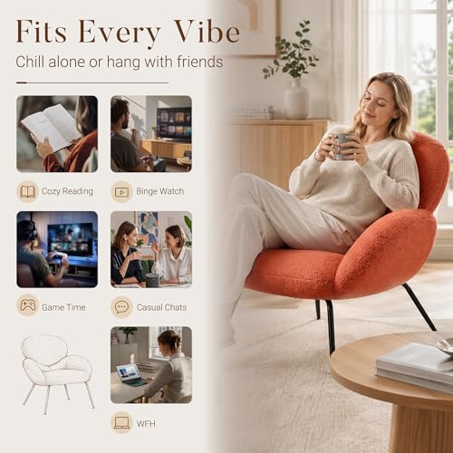 Image of Boucle Accent Chair w /Cloud Backrest for Small Space, Burnt Orange | Small Reading Chair with Soft Textured Boucle Fabric, Modern Style, Comfy Cloud Backrest for Living Room, Bedroom, Cafe