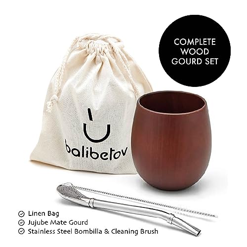 Image of BALIBETOV Yerba Mate Gourd Set - Original Natural Handmade Yerba Mate Cup from Argentina, Includes Mate Tea Cup, Bombilla (Mate Straw) and Cleaning Brush, Traditional Mate Cup Gift Set