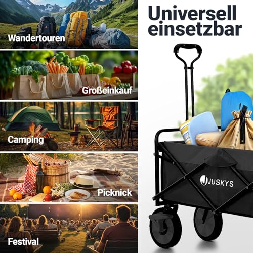 Juskys Bollerwagen 100 kg Tragkraft - Transportwagen faltbar - Einkaufen, Outdoor & Camping - Strandwagen Faltbollerwagen Handwagen Schwarz