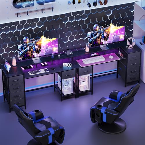 47 Inch Computer Gaming Desk with Power Outlets & LED Lights Reversible Home Office Desk with Adjustable 5 Fabric Storage Drawers for Working Writing Study Black - Image 3