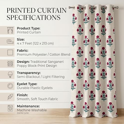 Image of VAS COLLECTIONS 100% Room Darkening Blackout Door Curtains Set of 2, 7 Feet (121 x 213 cm), Floral Design Long Curtains for Living Room & Bedroom, Thermal Insulated, Privacy Curtains (Heritage Crim)