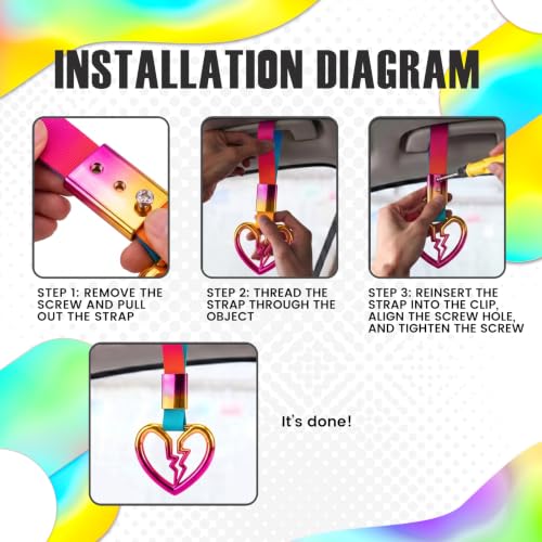Image of 2PCS Heart Shaped Car Handle Straps, Rear Bumper Warning Keychain Ring for Car Exterior Accessories (Chrome Rainbow Broken Heart - Rainbow)