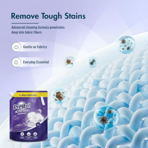 Image of Amazon Brand - Presto! Active Wash Liquid Detergent Refill Pack 5L | Floral Scent | Powerful Stain Removal for Machine Wash