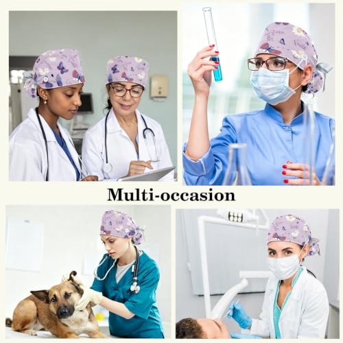 Image of Butterfly Scrub Cap Women with Ponytail & Buttons Adjustable Surgical Nurse Hat with Cotton Sweatband for Long Hair