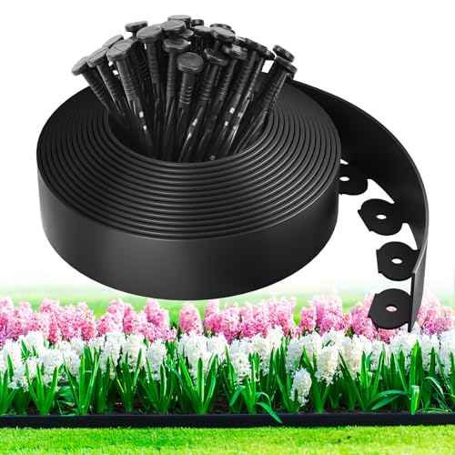 MIXC 33ft, 1.5in Tall Landscape Edging Kit with 50 Spikes, No-Dig Flexible Plastic Edge Border for Landscaping, Lawn, Garden, Flower Beds, Yard, Paver, Playground, Fence, Pathway, Black,1pack,33ft
