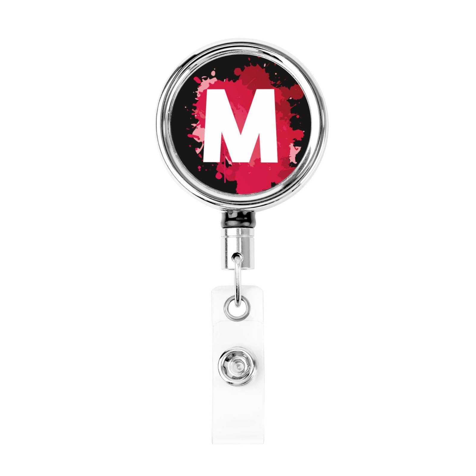 Initial Retractable Badge Holder, Colorful Badge Key Chain with Belt Clip, Metal ID Card Holder with Badge Reel for Nurse, Volunteer, Teacher, Student, Office, Splatter Letter M