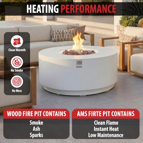 Image of AMS Round Concrete GFRC Propane Gas Fire Pit Table (Cream White)
