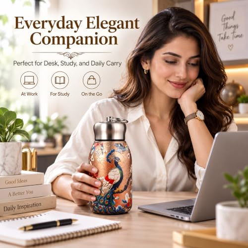 Image of Small Water Bottle 300ml, Mini Stainless Steel Drinking Bottle with Leak-Resistant Lid and Keyring, Compact Reusable Bottle for Office, School, College, Travel, Gold Peacock