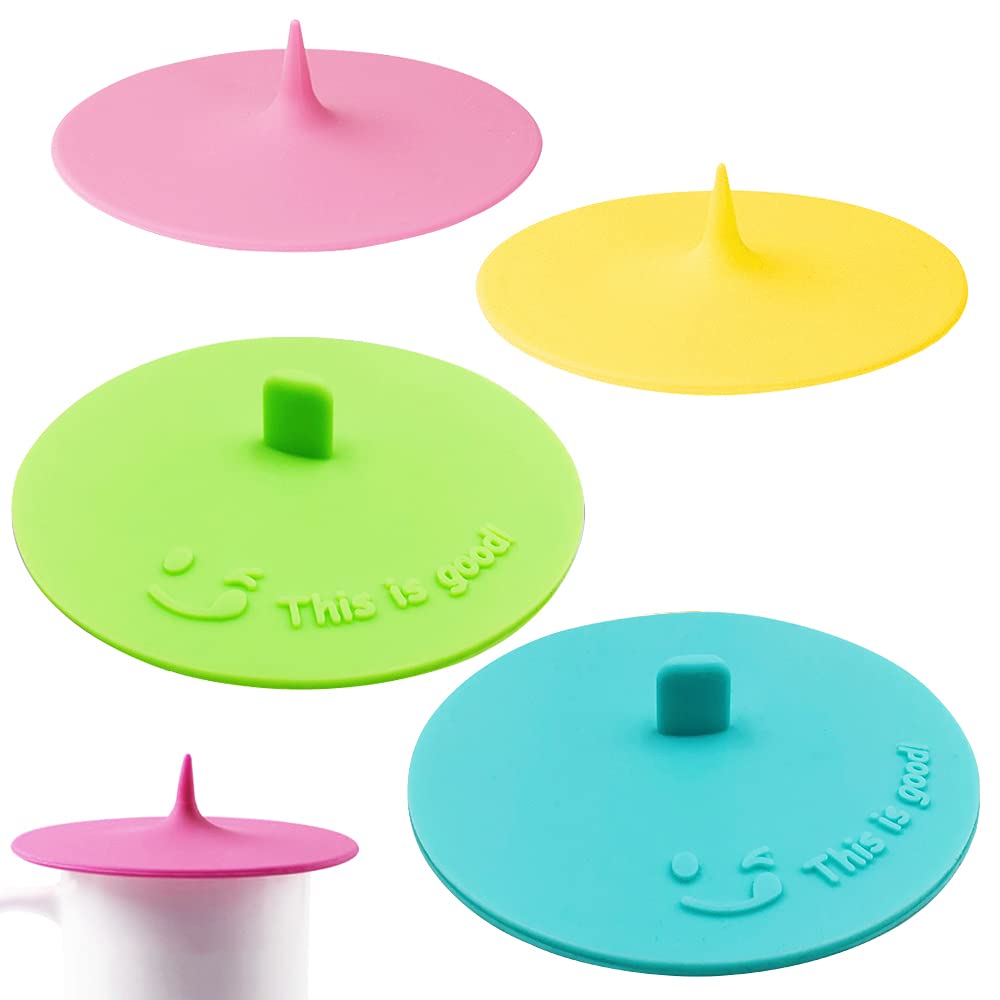 Silicone Cup Lids Set of 4,maxin Food Grade Silicone Cup Covers Lids Anti-dust Airtight Seal for Mugs,Cups,Glass Cup,Coffee Cup(Yellow+Cyan+Green+Pink)