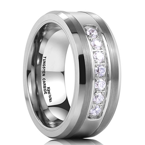 King Will GEM 8mm White Tungsten Ring Unisex Wedding Band Polished Beveled Edge CZ Stone Channel Set(7.5)