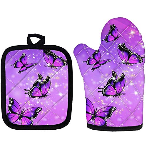 Doginthehole 20200908401-3 2 Piece Oven Mitts And Pot Holders Sets Purple Butterfly Print Oven Gloves Non Slip Heat Resistant Pot Holders cover