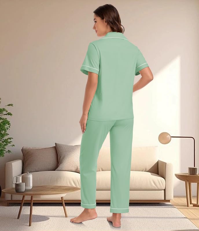 Image of CF 100% Cotton Pajamas for Women Set 2 Piece Short Sleeve Tops and Long Pants Comfy Well-Fitted Loungewear Set Pj Sets