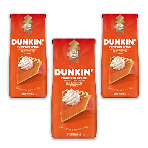 Dunkin' Pumpkin Spice Seasonal Flavor Ground Coffee Variety Pack, 11 Ounce Bag (Pack of 3)