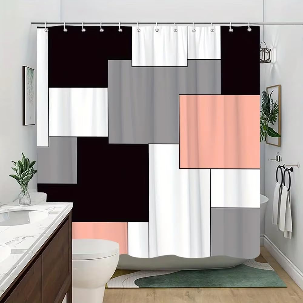 Moderne Duschvorhänge mit geometrischem, abstraktem Quadratmuster – Schwarz, Weiß, Grau, Pfirsichfarben, maschinenwaschbar, zeitgenössische Badezimmerdekoration (230 x 200 cm/B x H)