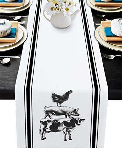 Findamy Farmhouse Table Runner Dresser 13x120 inch, Linen Burlap Non-Slip Table Runners Heat Proof for Dining Party Wedding Banquet Decoration - Animal Theme Cow Pig Chicken Stripe