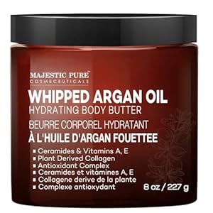 MAJESTIC PURE Whipped Argan Oil Body Butter for Women & Men – With Ceramides, Vitamin E & A & Vegan Collagen – For Skin, Face, & Appearance of Wrinkles & Fine Lines – 8oz
