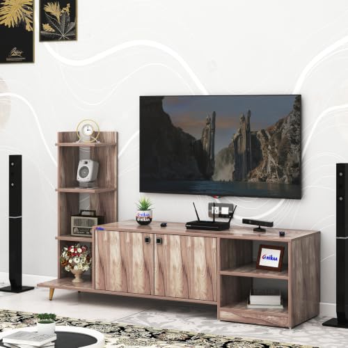 Image of Anikaa Moracca Engineered Wood Floor Standing Modern TV Unit with Side Shelves and 2-Door Cabinet & Open Storage Box Up to 43 inch Entertainment Units | For Living Room-Coachwood Finish | DIY-Installation