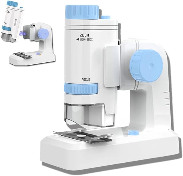AiNinXun Portable Children Microscope Handheld Pocket Kids Microscope Boys Girls Science Gift 200x Monocular Microscope with Led Light Deatchable Microscope with Stand for Student Beginner Observation