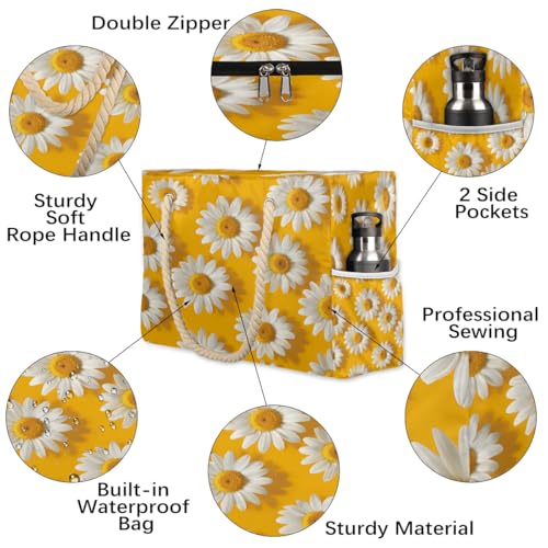 Large Beach Bags for Women, Cute Daisy Waterproof Sandproof Beach Tote Bag Zipper Swim Pool Bag with Wet Compartment for Gifts Vacation Travel Beach Essential Weekend Bag3