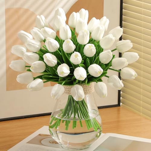 Image of White Fake Tulips Artificial Flowers - 24 Pcs Artificial Silk White Tulips Faux Flowers with Stems for Home Wedding Hotel Office Centerpiece Decor Easter Decorations