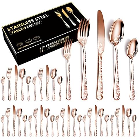 HRZZEOKV Cutlery Stainless Steel Set for 8 Persons, Cutlery Set Incl Knife, Fork, Spoon, New Year Party Cutlery Set 40 Pieces, Mirror Polished Dishwasher Safe,Rose Gold Cover