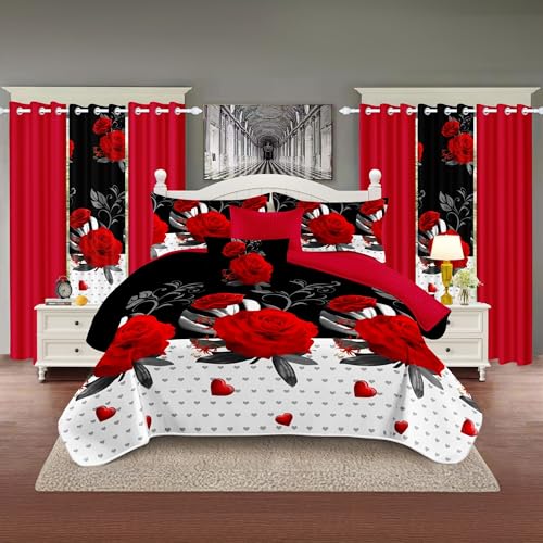 Reylox 9 pcs Queen Bed in a Bag with Curtains | Boho Red Rose Bedspread, Pillowcases, Print & Solid Curtains | Microfiber, Silky Soft | Comforter Sets with Matching Curtains | Bedroom & RV Decor