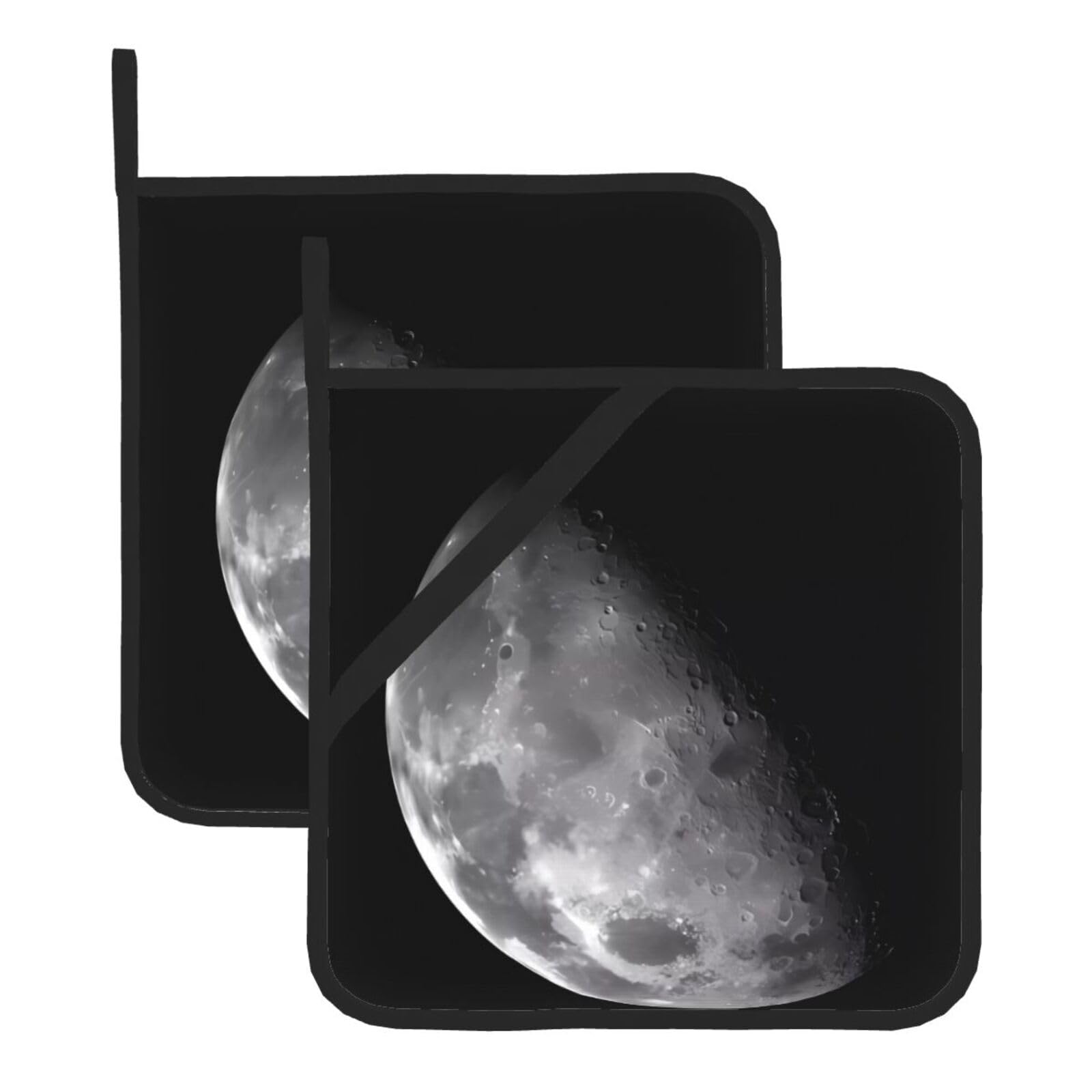 WHJDPP Black Background Moon Prints Square Hot Pads for Kitchen - Waterproof Pot Holders Set of 2, Durable Trivets with Pocket & Hanging Loop for Hot Dishes & Oven Use