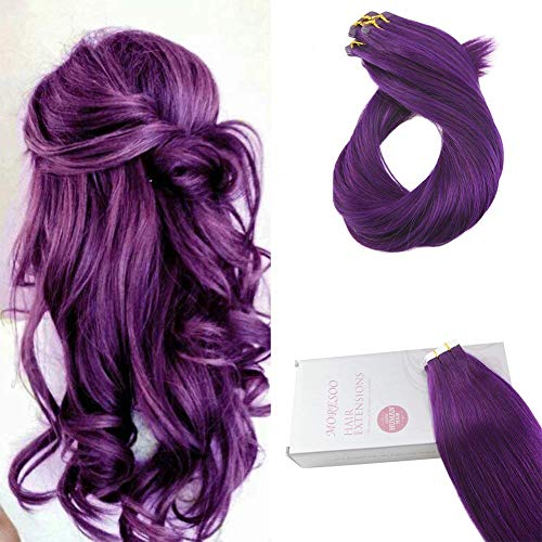 Moresoo 20 Inch 100% Long Straight Remy Human Hair Seamless Double Sided Glue in Hair Extensions Deep Purple Hair Dye Human Extensions 25g/10pcs Per Pack