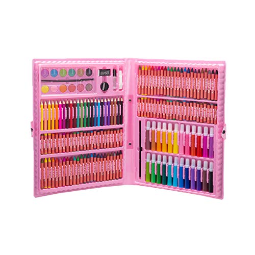 H & B 168 Piece Deluxe Art Set for Kids, Drawing Art Supplies with Plastic Case, Include Crayon, Oil Pastel, Color Pencils,Watercolor Markers and More Drawing Tools, Art School Stationery Set-Pink