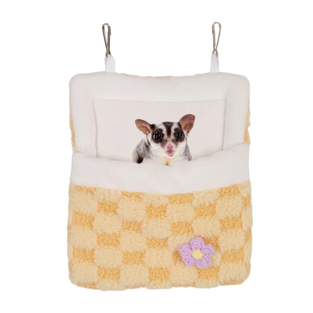 BDKMMS Sugar Glider Sleeping Pouch, 8.7×9.5Inch Plush Pet Hideout Bed with 2Pcs Hanging Hooks, Warm Hamster Hammock for Small Animals Hamsters Gliders Squirrels Hedgehogs