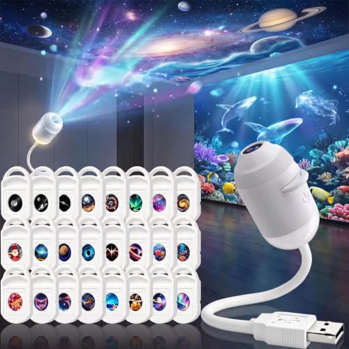 LMIX Galaxy Projector Night Light 2-in-1 Holographic Star 5d Projector Plug and Play hd Star Smart Dynamic Ceiling Projectors Lamp 360 Space Starry Sky USB Projection (with 24 Films)