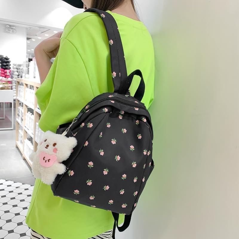 Wenray Floral Lightweight Aesthetic kawaii Girls Cute Backpack for School Preppy Bookbag Mini Casual Backpack with Accessories Y2K (Black)2
