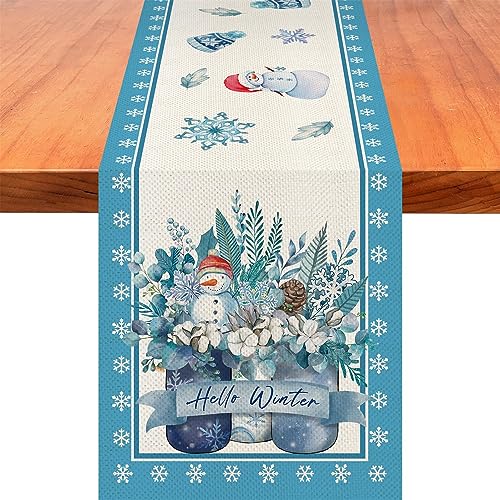 Three Glass Mason Jar Hello Winter Seasonal Table Runner Snow