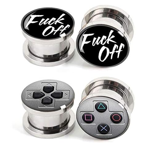 Awinrel Stainless Steel Ear Gauges Plug Game Console and F**k Off Tunnel Stretching Expander Body Piercing Jewelry 4 Pieces Set 18mm Cover