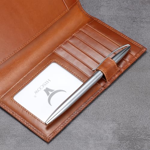 Image of HISCOW Soft Leather Checkbook Cover & Card Holder with Divider - Italian Calfskin (Brown Vegetable-Tanned Leather)